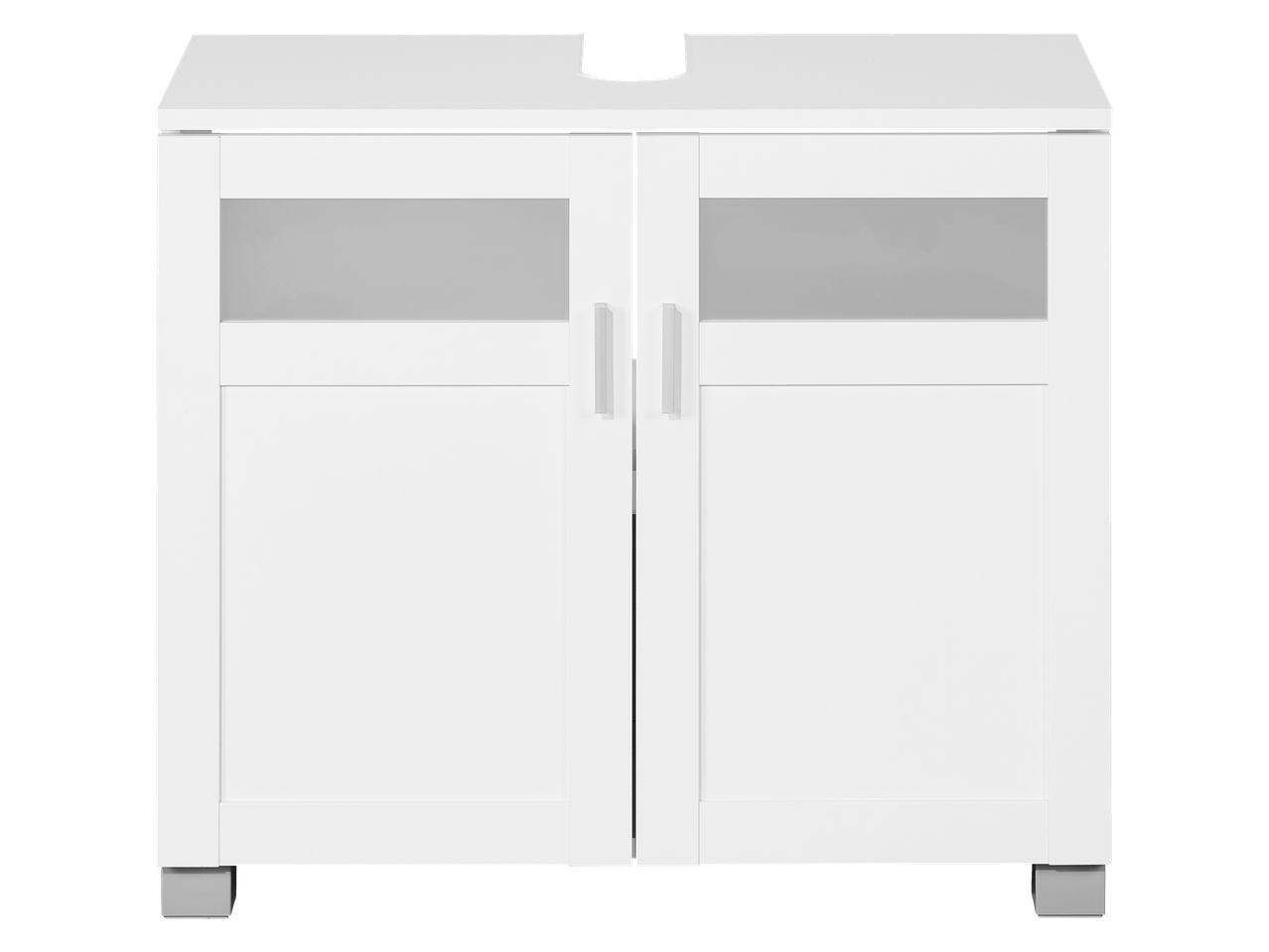 Weißer Livarno Waschbeckenunterschrank mit Doppeltüren und silbernen Griffen.
