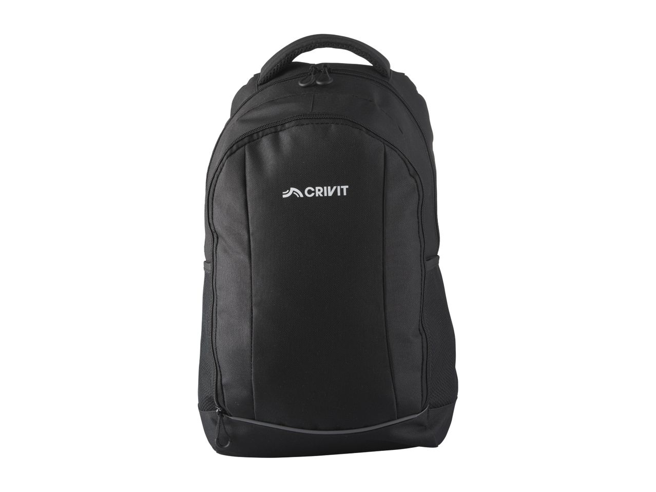 Black backpack with a top handle and front zipper pocket