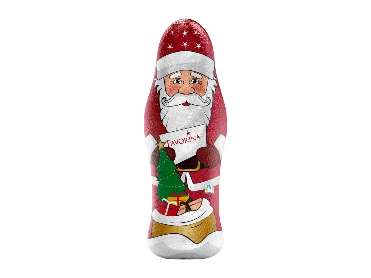 A chocolate Santa Claus figure wrapped in red foil, holding a sign that says 'FAVORINA'.