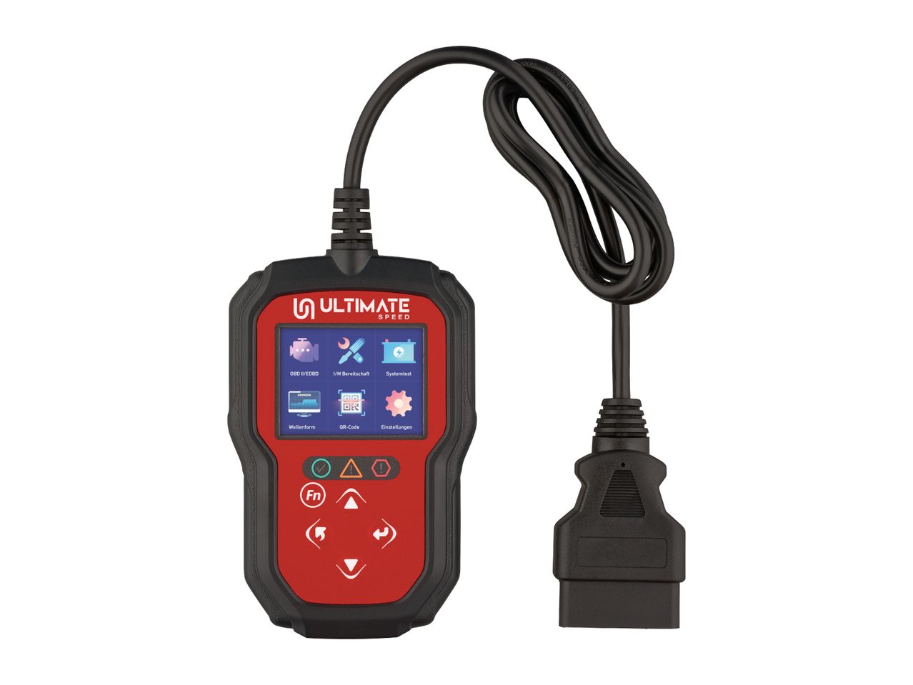 Car diagnostic tool with a screen displaying options like OBD II/EOBD, System Test, and Settings.