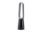 Sleek black and silver bladeless tower fan with a digital display on a white background
