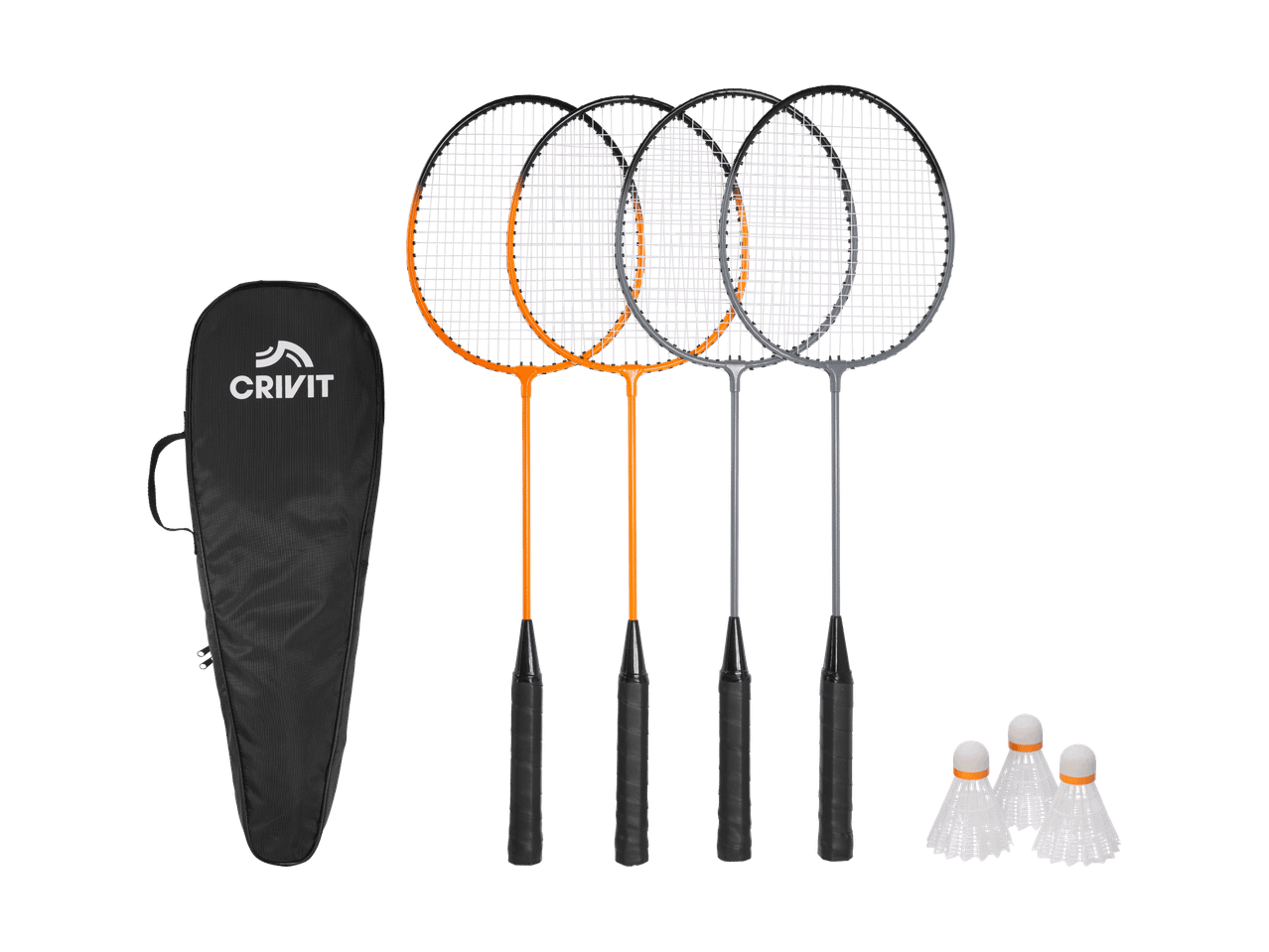 Vier Badmintonschläger (zwei orange, zwei grau), drei Federbälle und eine schwarze Tragetasche.
