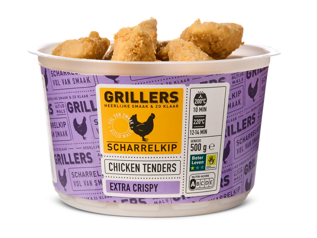 Een bakje extra krokante kipnuggets met een Nutri-Score A-label en bereidingsinstructies.