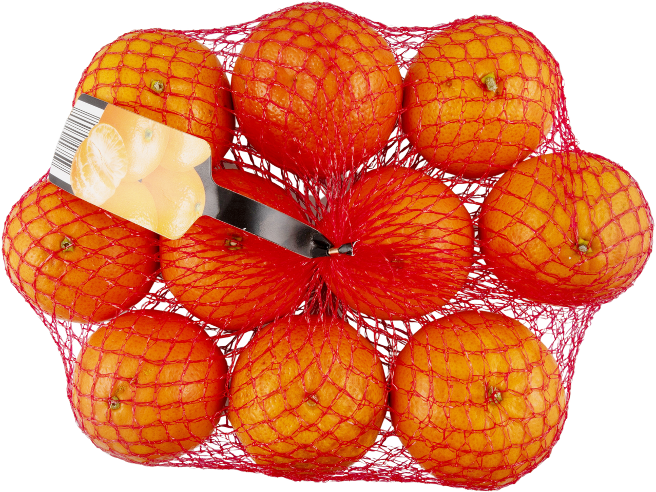 A mesh bag containing ten large mandarins with a product label.