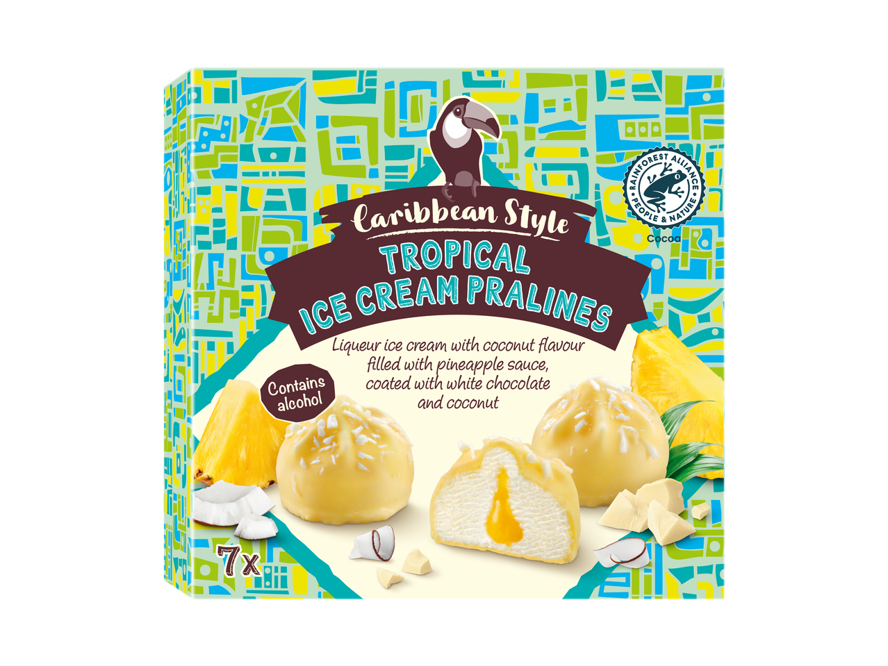 Caribische tropische ijspralines met kokossmaak, ananassausvulling, witte chocolade en kokoscoating.