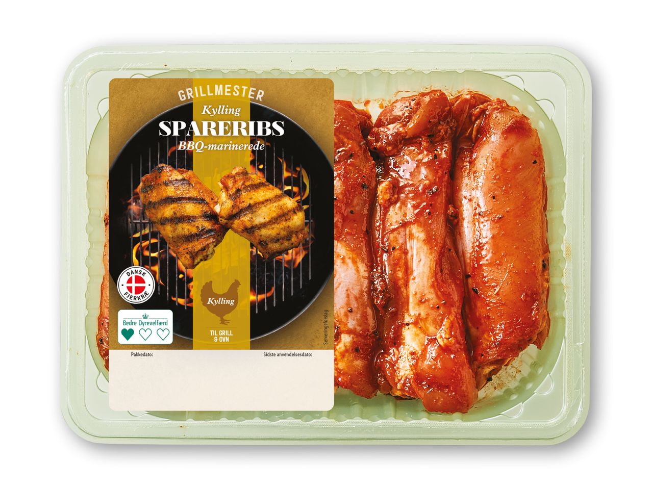 Pakket kylling spareribs med BBQ-marinade, klar til grill eller ovn.