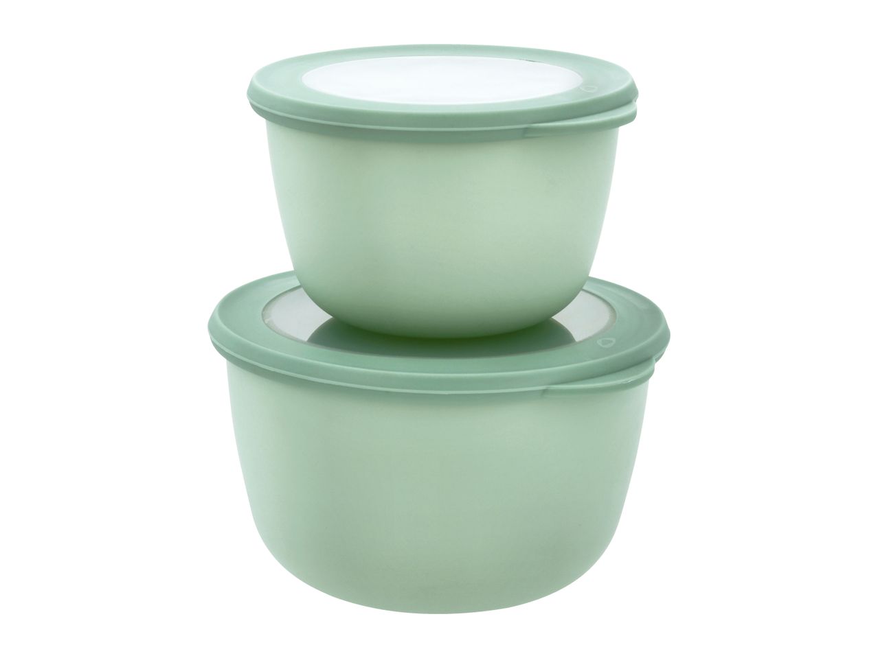 Two light green food storage containers with lids, stacked on a white background.