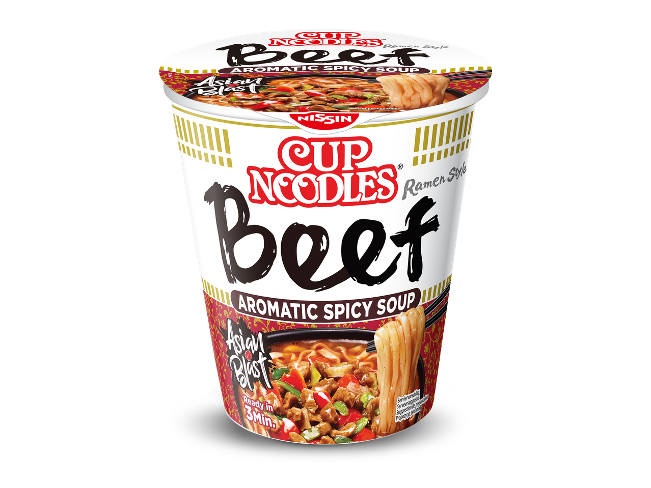 Een cup noedels met rundvleessmaak, aromatische pittige soep en de tekst 'Asian Blast'.