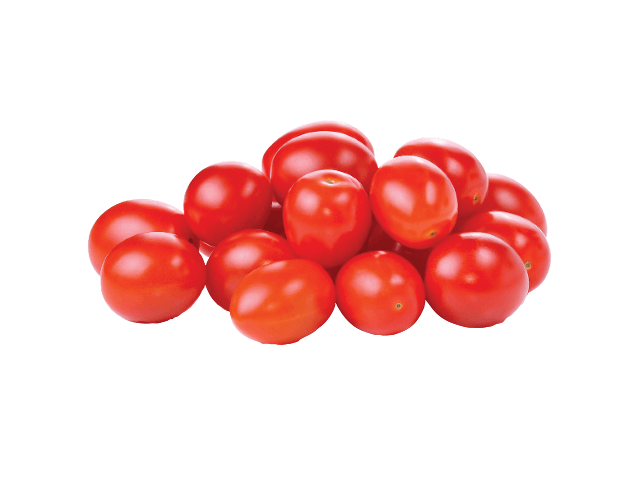 Švieži, raudoni vyšniniai pomidorai, sukrauti į krūvą.