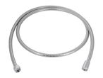 Silver flexible shower hose with two threaded connectors on a white background