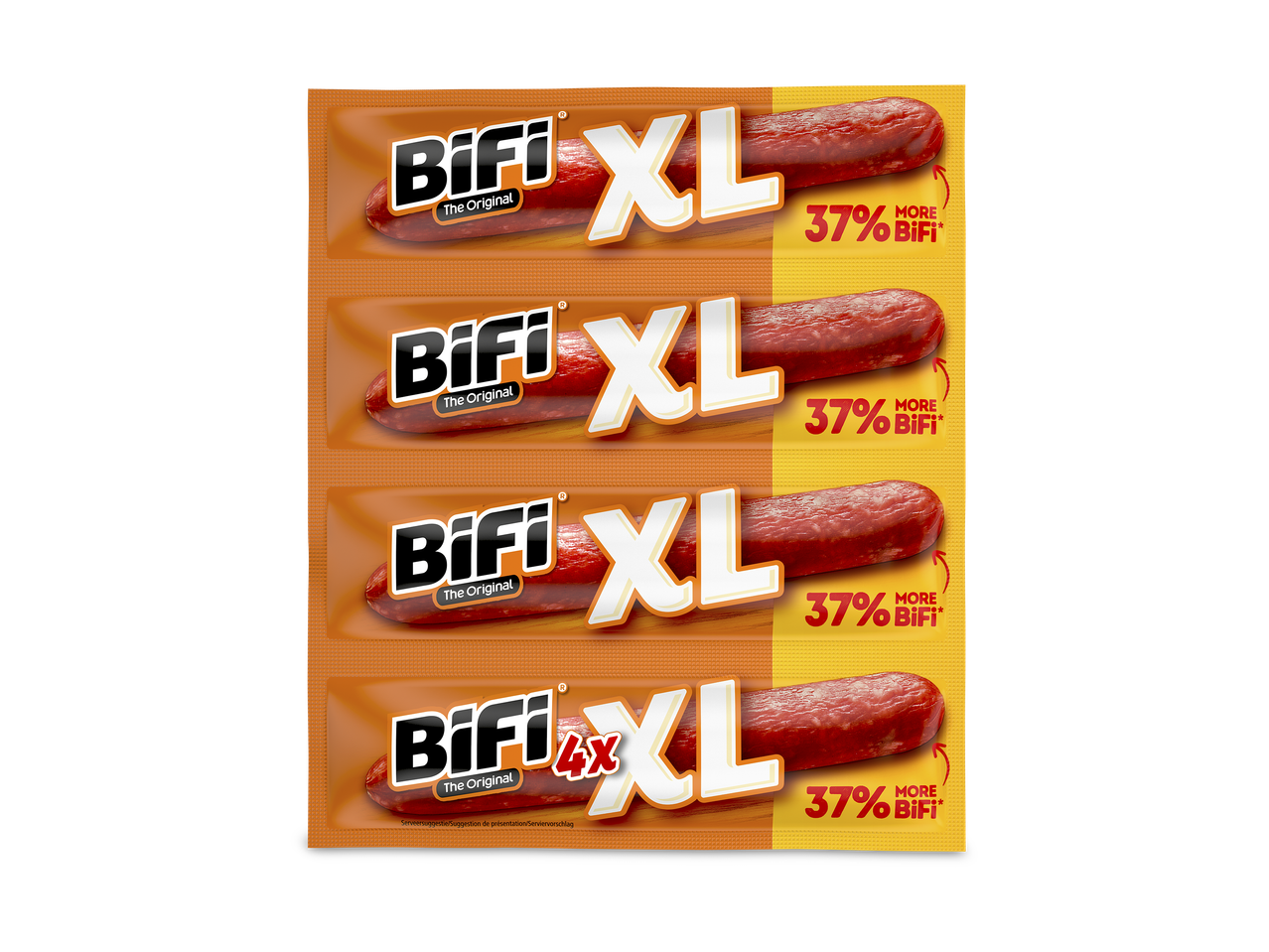 Vier verpakkingen van extra grote vleessticks met de tekst '37% meer'.