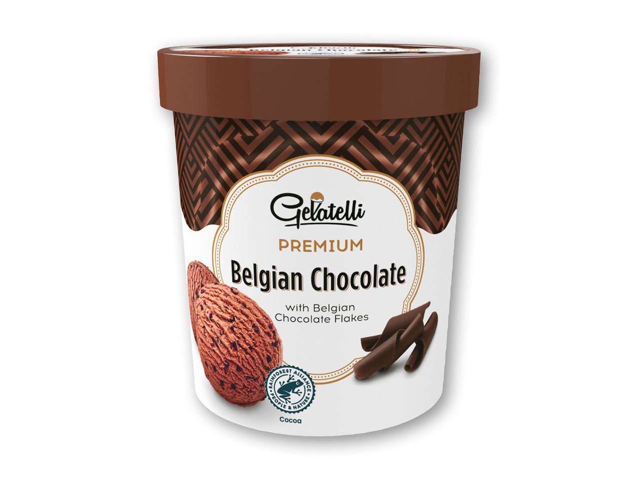 Gelatelli Premium belgisk chokoladeis med chokoladeflager i en beholder.