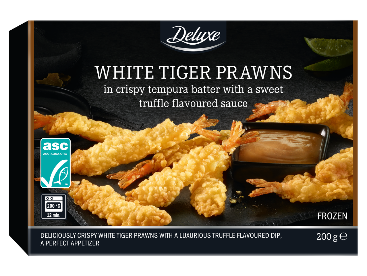 Deluxe witte tijgergarnalen in tempura met truffelsaus, 200g, diepvries.