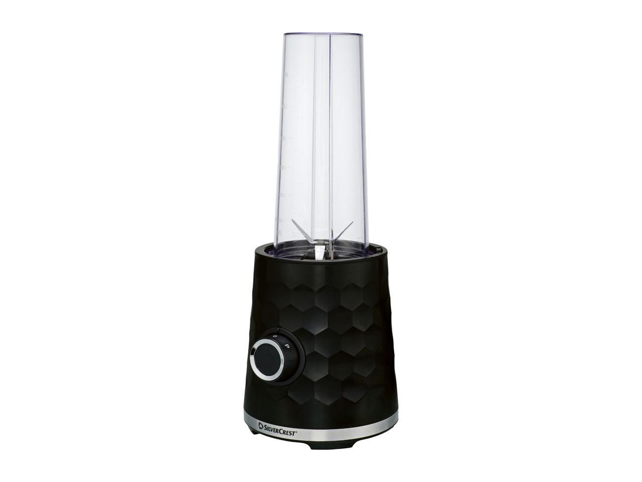 Black personal blender with a honeycomb pattern and a clear blending cup.