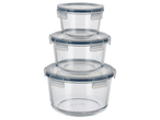Комплект от три кръгли стъклени контейнера за съхранение с капаци на клипс.