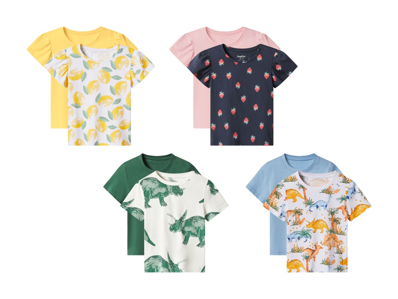 Sæt med seks børne-T-shirts: gule citroner, lyserøde jordbær, grønne dinosaurer og blå dinosaurer.