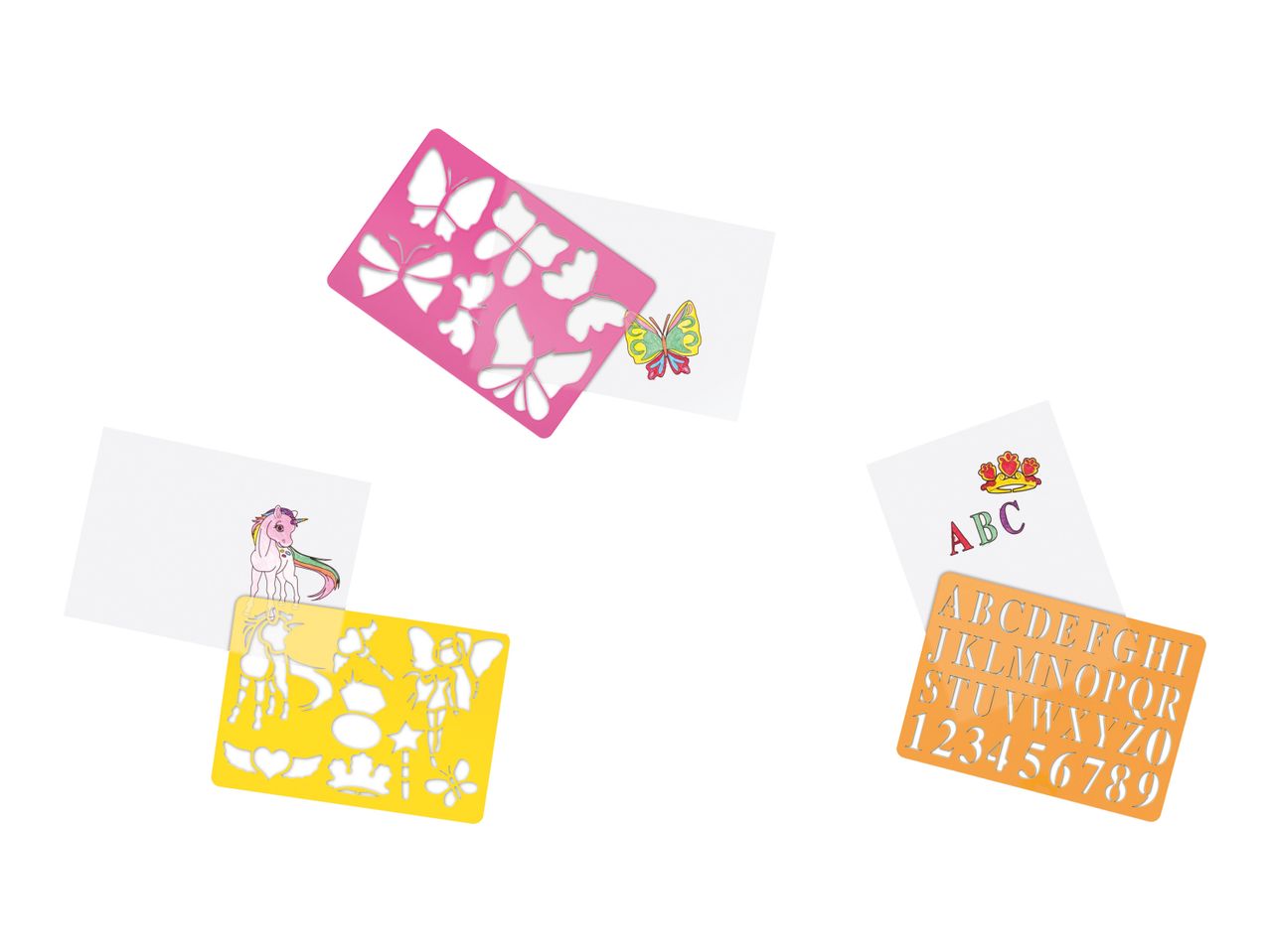 Assorted reusable stencils for crafting, featuring floral, alphabet, and crown designs.