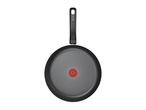 Black frying pan with a red heat indicator in the center, viewed from above.