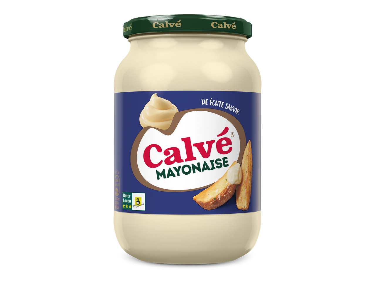 Pot mayonaise met een label met mayonaise en frietjes, en de tekst 'DE ÉCHTE SMAAK'.