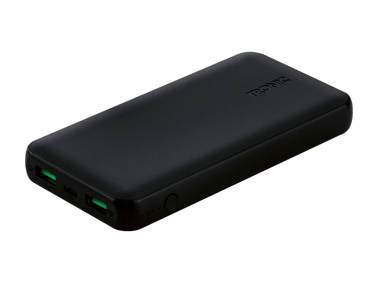 Sort TRONIC powerbank med grønne USB-porte og strømindikatorer
