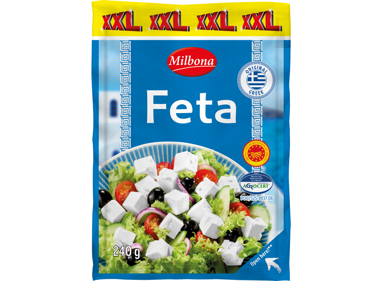 Milbona XXL grekisk fetaost (240g), perfekt för sallader.