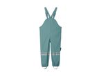 Light blue children's rain overalls with reflective stripes.