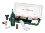 Wood repair kit with a heating tool, various wax sticks, and accessories in a case.
