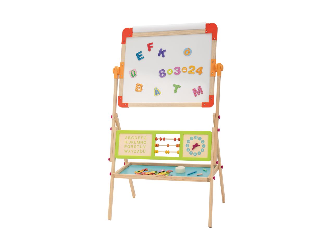 Træstaffeli til børn med whiteboard, tavle, abacus og ur.