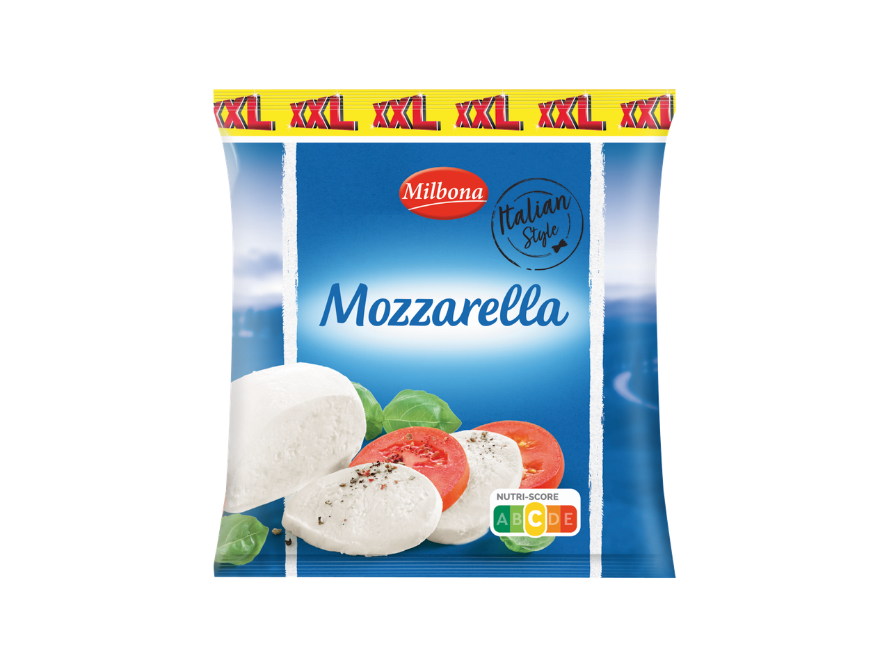 Milbona Mozzarella XXL pakiranje s Nutri-Score oznakom.