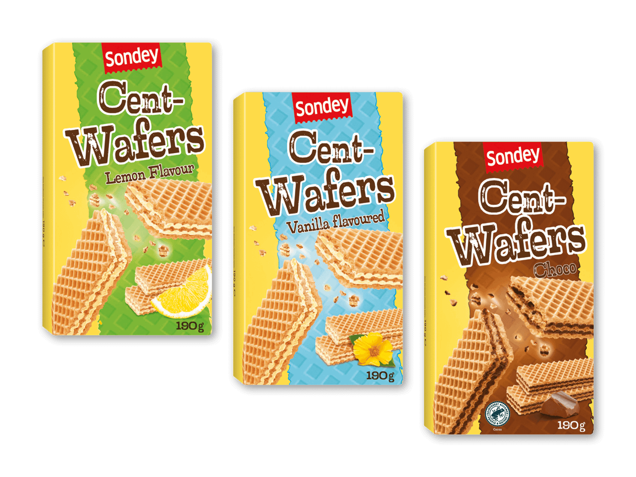 Tre pakker Cent-Wafers i smagsvarianterne citron, vanilje og chokolade.
