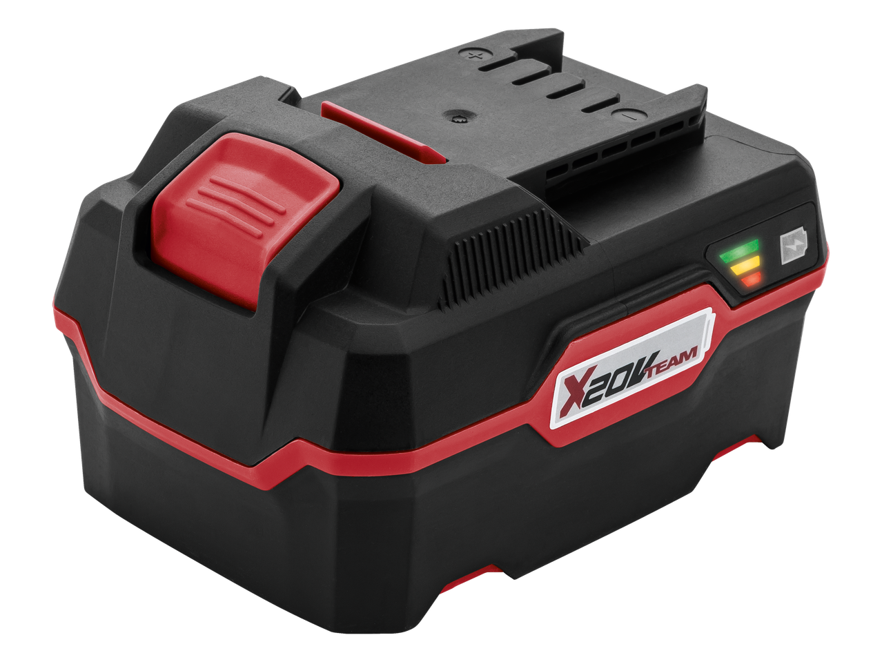 Juodas ir raudonas X20V Team akumuliatorius su įkrovimo indikatoriumi.