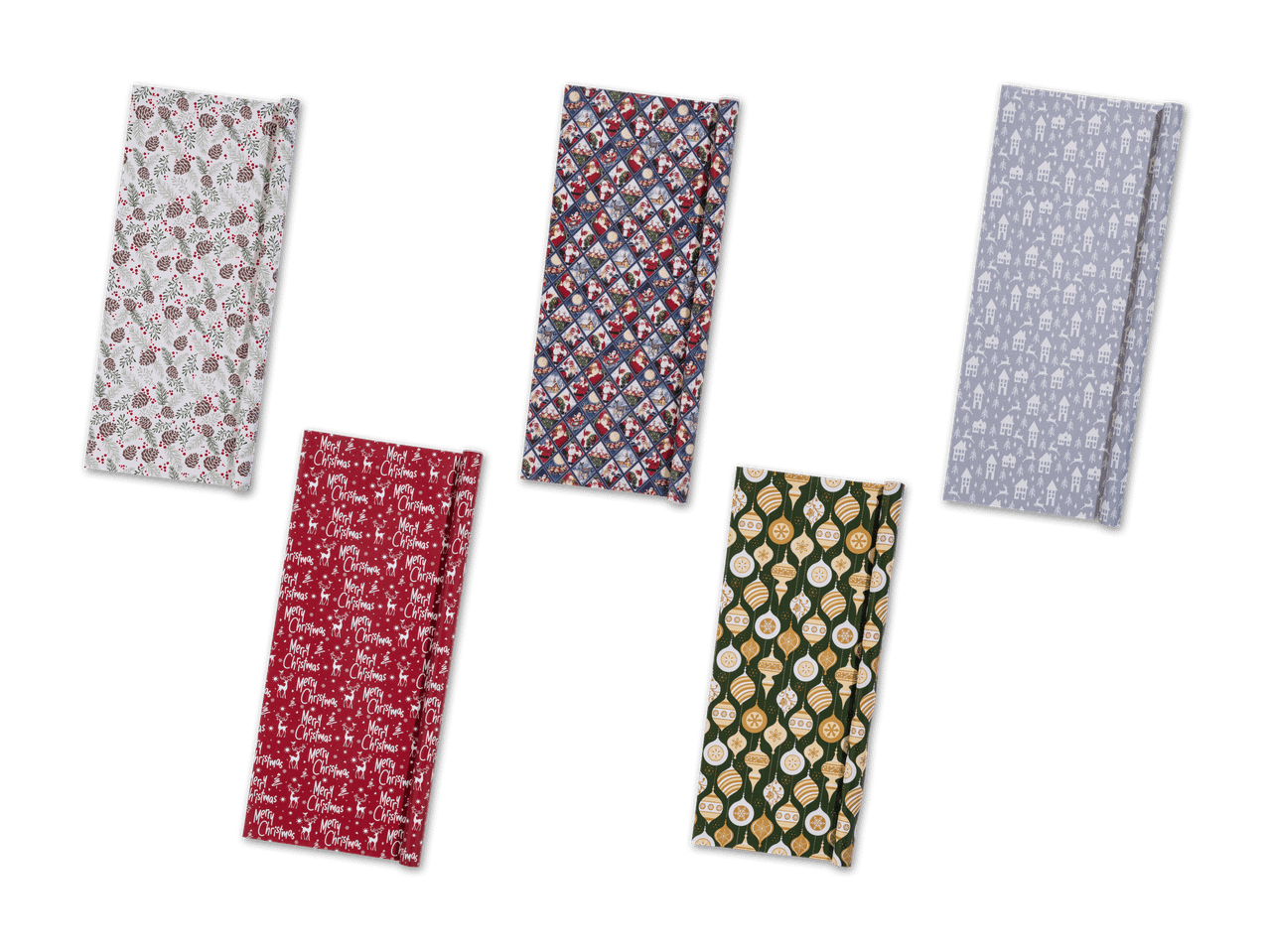 Fünf verschiedene Weihnachtstischläufer mit festlichen Mustern wie Tannenzapfen, Weihnachtsmännern und Ornamenten.