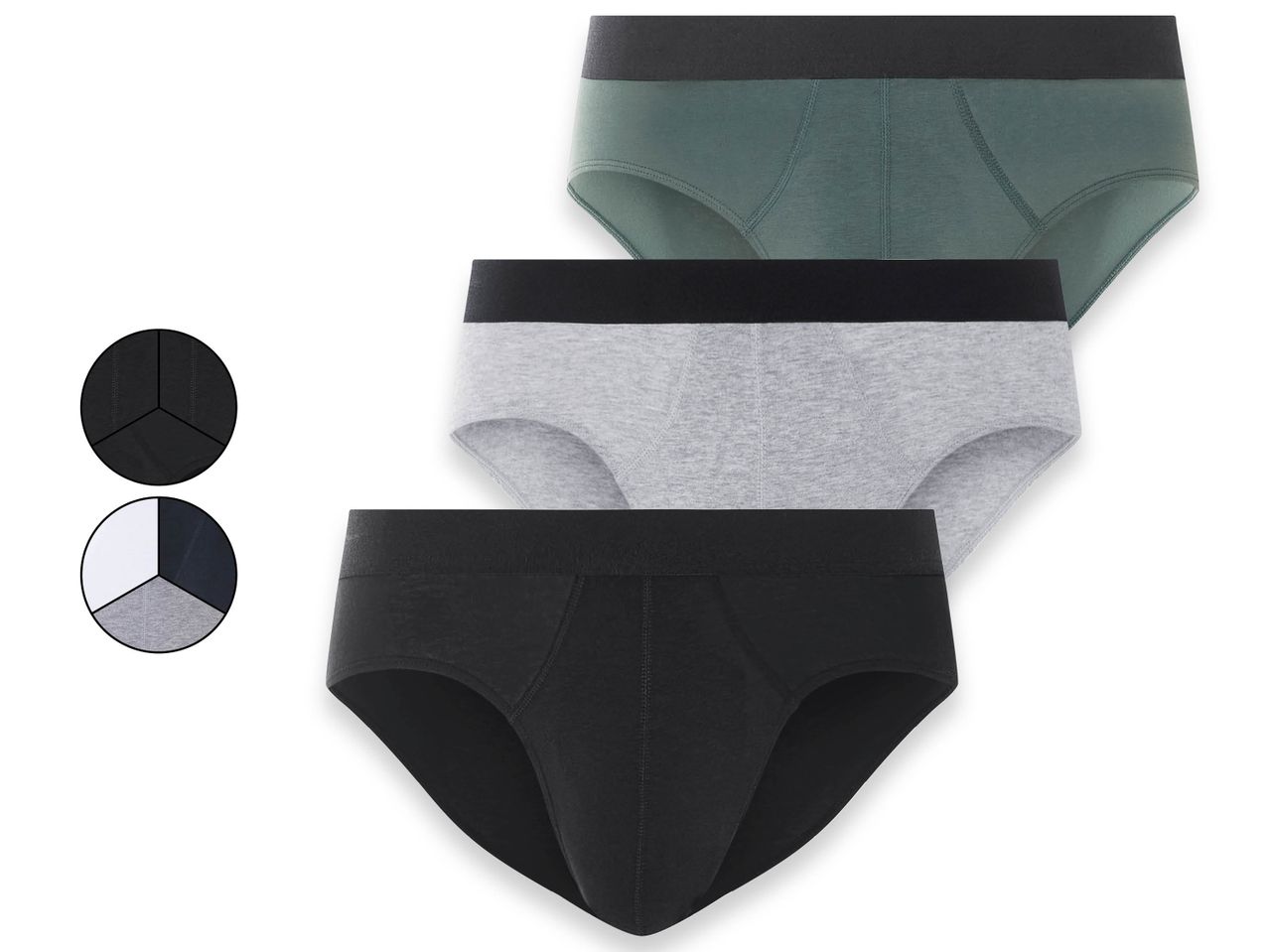 Three-pack of men's briefs in black, gray, and green.