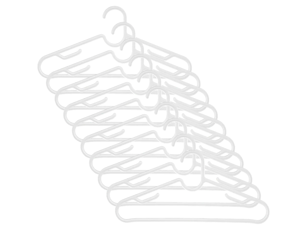 A stack of white plastic clothes hangers.