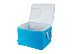 A light blue soft-sided cooler with a gray lid is open.