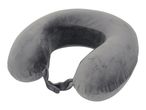 Grey U-shaped travel neck pillow with a snap closure
