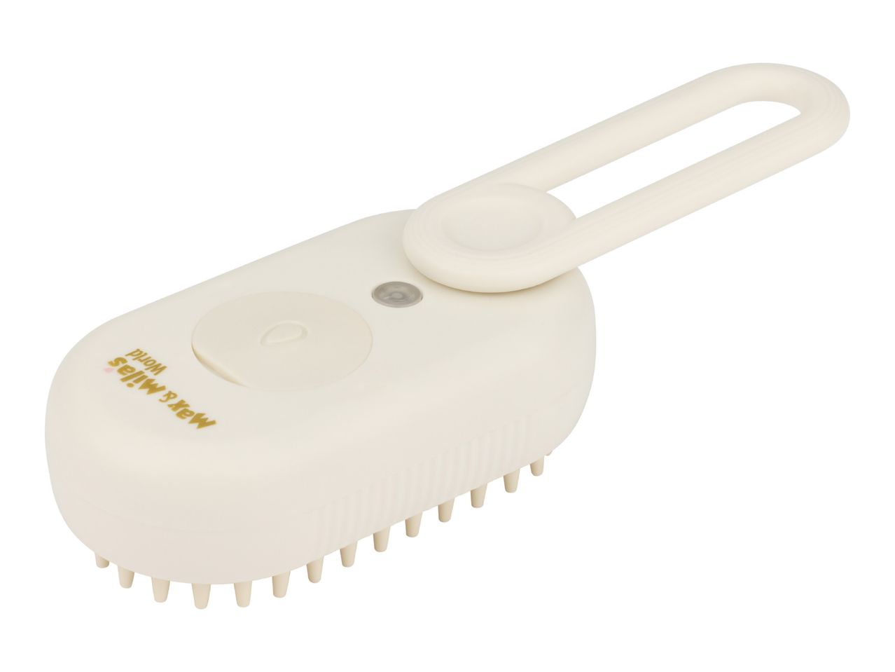 White electric pet grooming brush with soft silicone bristles and a hanging loop