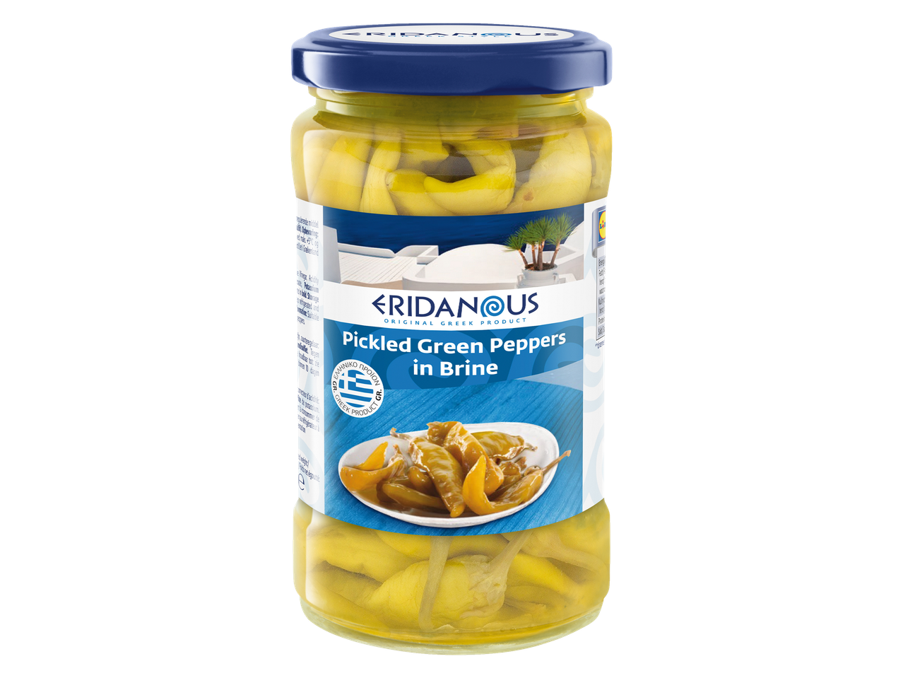 Eridanous pickled green peppers in brine.