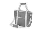 Grey cooler bag with white straps and a shoulder pad, featuring a front pocket.