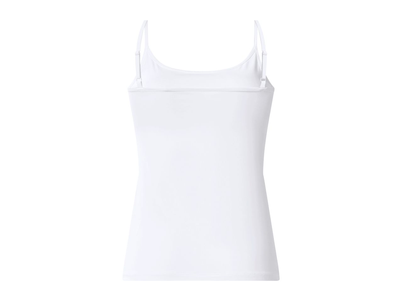 White women's camisole with adjustable spaghetti straps, back view