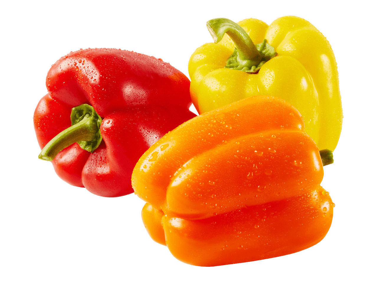 Punainen, keltainen ja oranssi paprika vesipisaroilla.