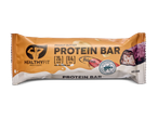 Een oranje eiwitreep met pindakaassmaak, 20g proteïne, en het Rainforest Alliance-logo.