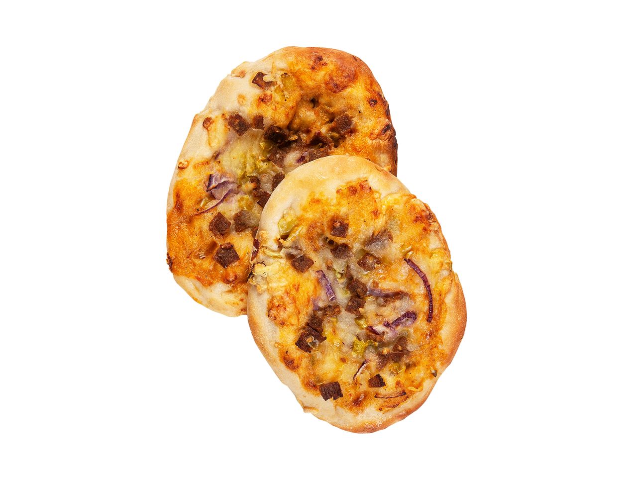 Kaksi pientä, paistettua pizzaa.