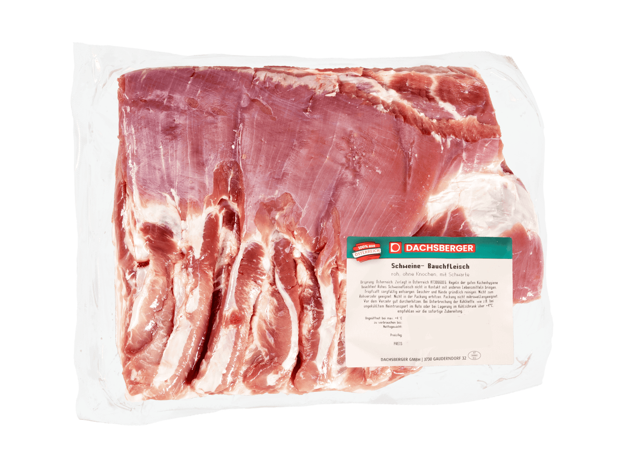 Vakuumverpackter Schweinebauch mit Schwarte und Etikett mit Herkunfts- und Zubereitungsinformationen.