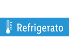 Etichetta blu con icona termometro e testo bianco 'Refrigerato'.