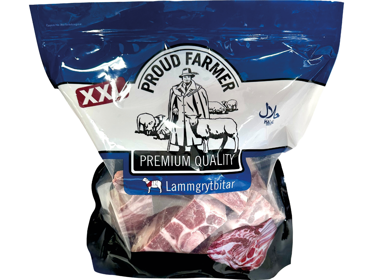Förpackning med Proud Farmer lammgrytbitar av hög kvalitet.