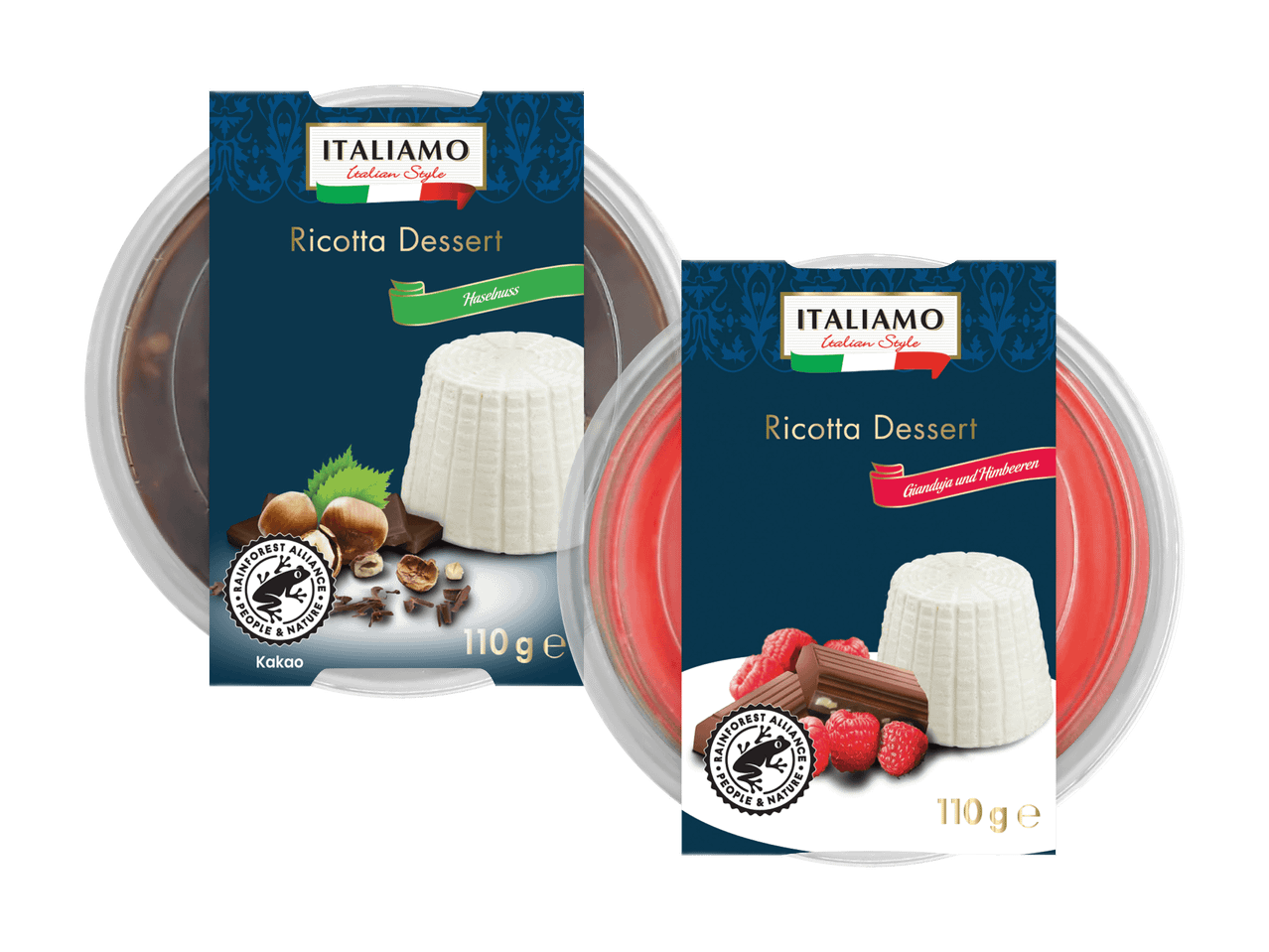 Zwei Packungen Galbani Ricotta Dessert, eine mit Haselnuss-Schokolade, die andere mit Himbeer-Schokolade.