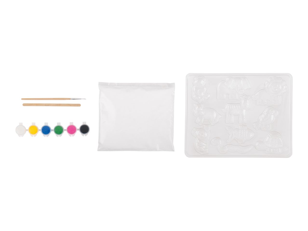 Craft kit with animal molds, paint, brushes, and plaster mix.