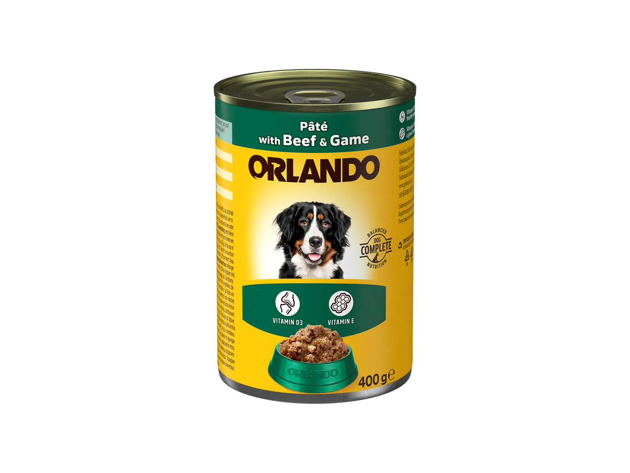 Boîte de pâtée pour chien Orlando au bœuf et gibier, 400 g.
