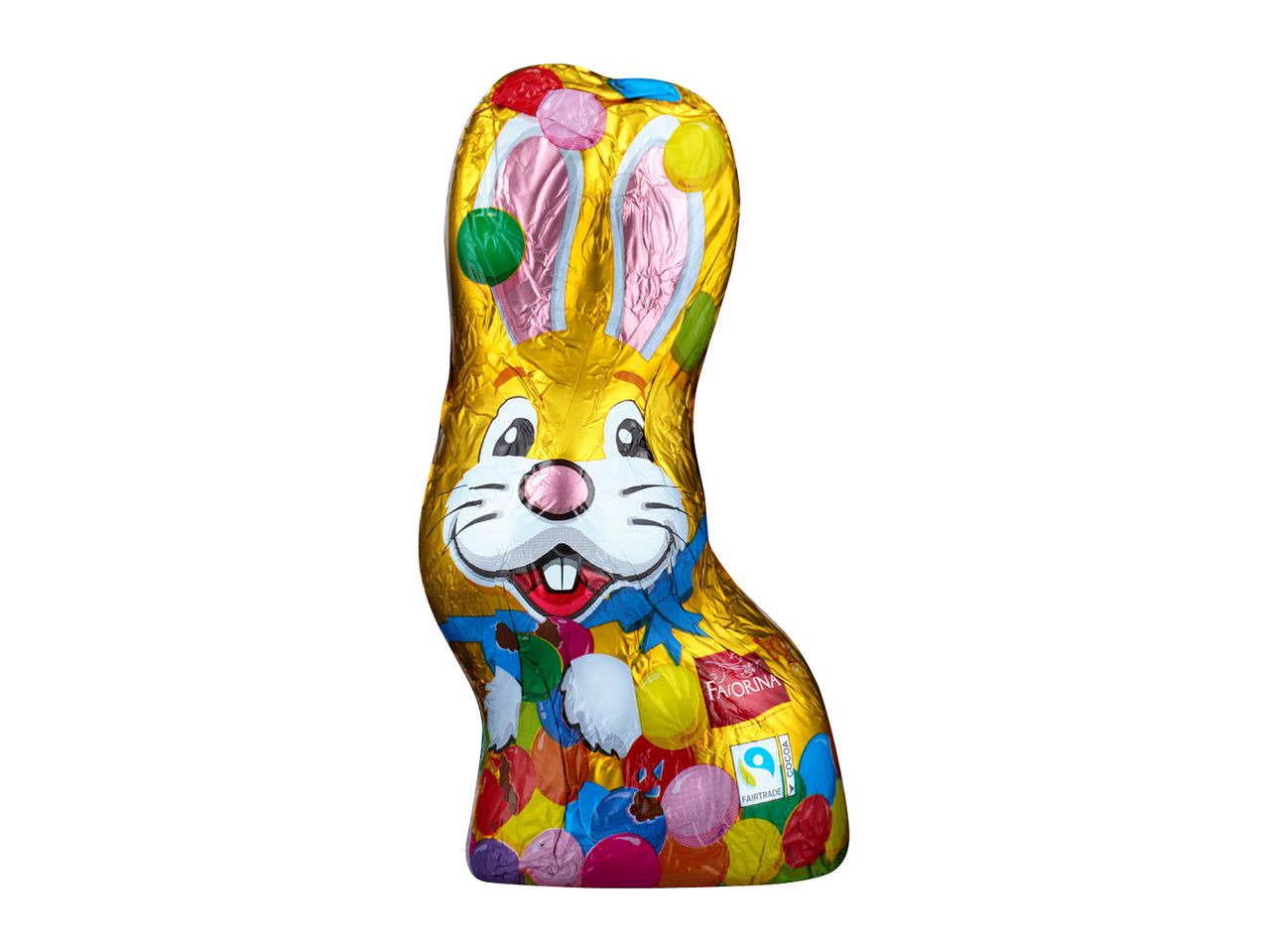 Gold foil-wrapped chocolate Easter bunny with colorful polka dots and a blue bow.